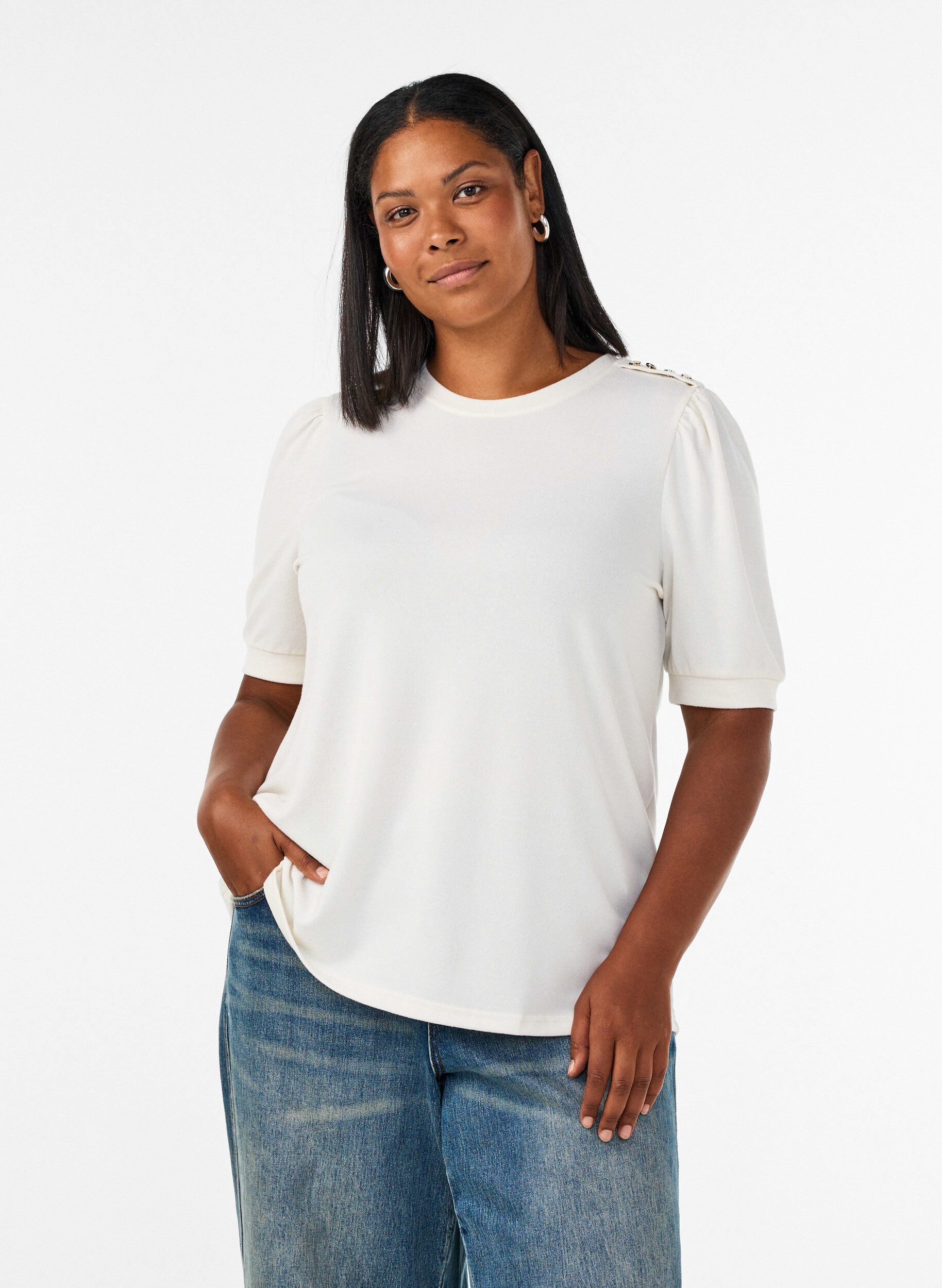 Blouse with button detail and short puff sleeves, Beige, Model