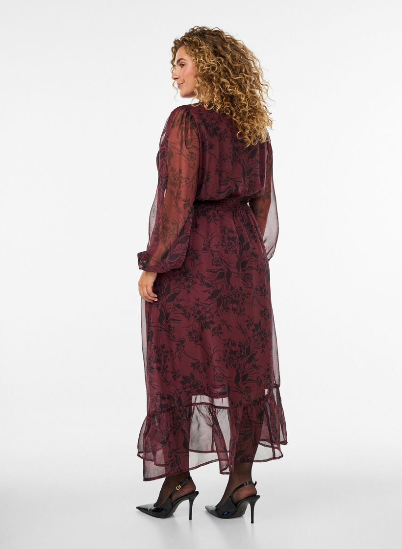 Maxi dress with floral print and smocking, Dark Bordeaux, Model image number 1