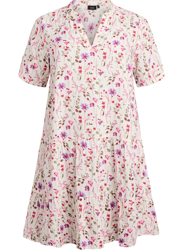 Short A-line dress in cotton muslin, Beige, Packshot image number 0