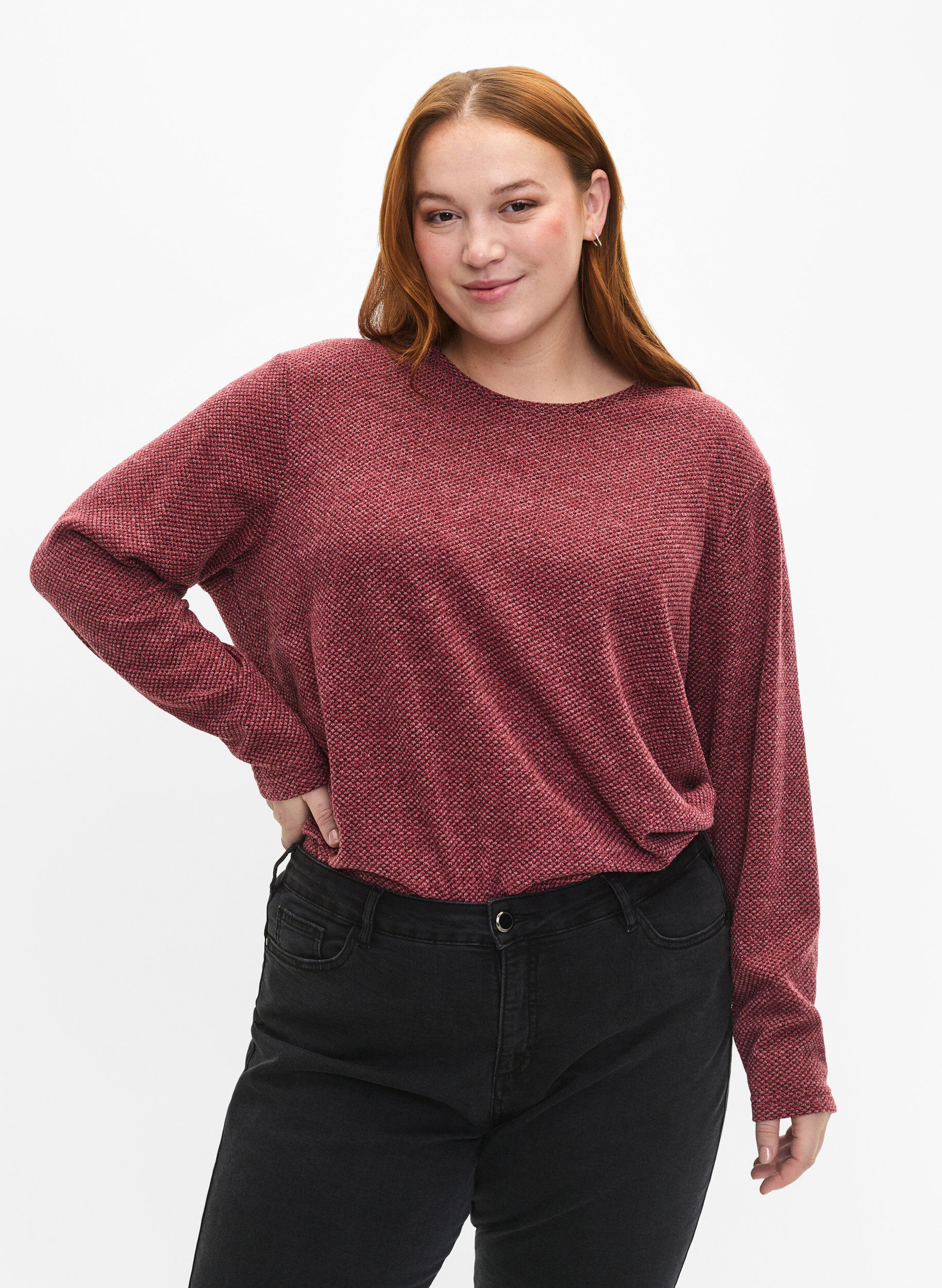Zizzifashion Melange blouse with round neck and long sleeves, Dry Rose, Model image number 0