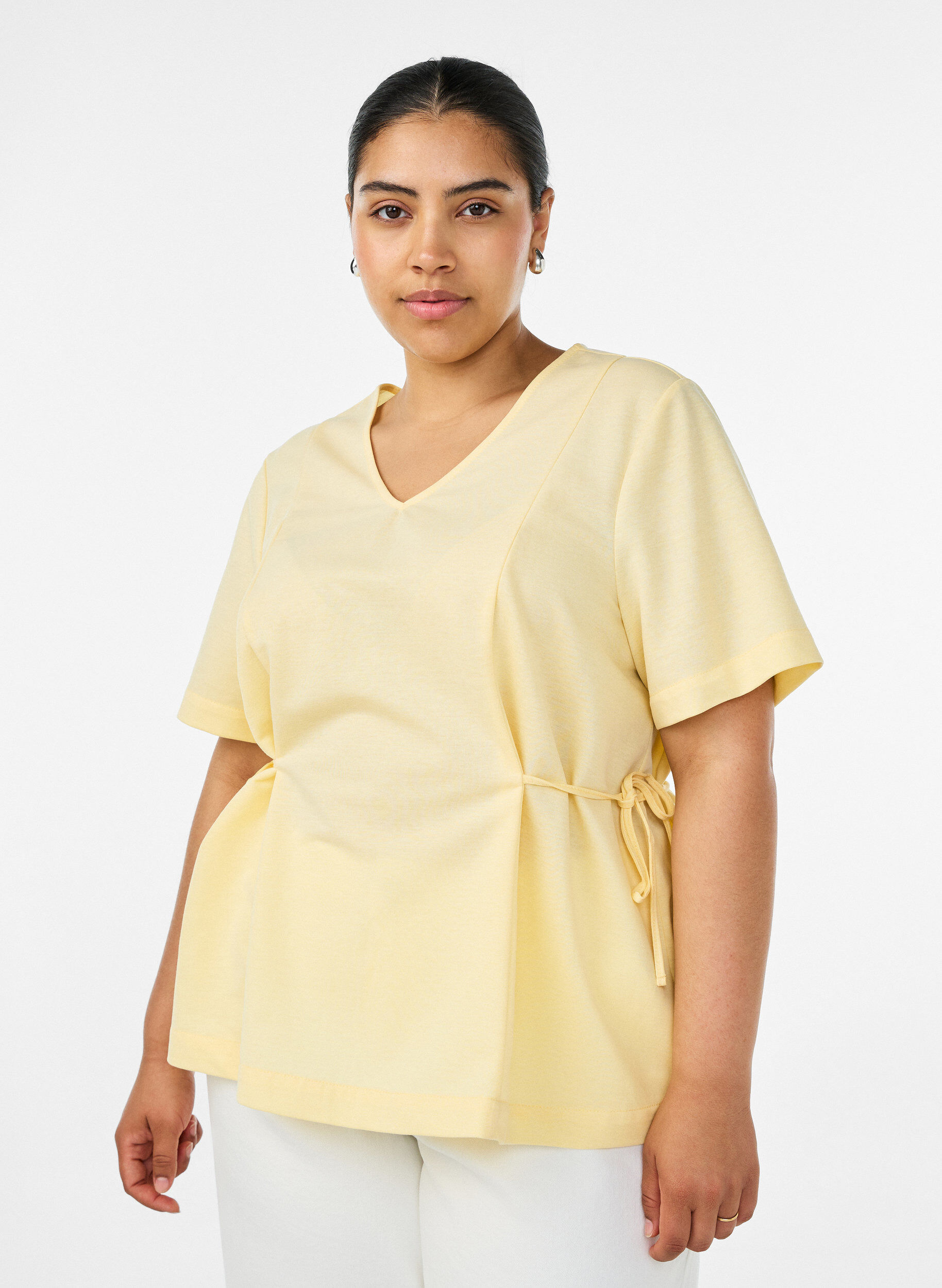 ZizzifashionBlouse in a cotton blend with a V-neck and tie-string, Yellow, Model image number 0