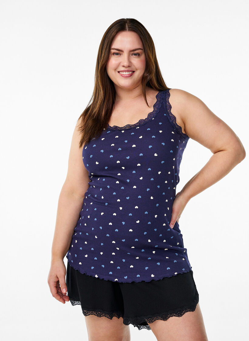 Top with print and lace edge, Blue, Model image number 0