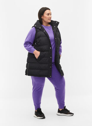 Long vest with hood and button closure, Black, Model image number 2