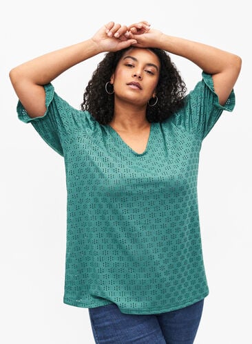 V-neck blouse with hole pattern, Sea Pine, Model image number 0