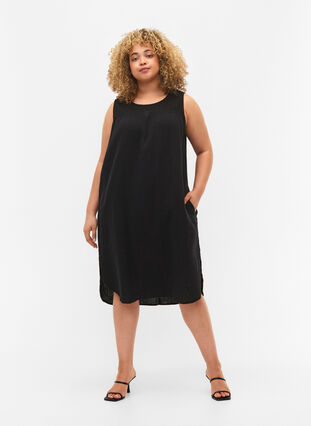 Sleeveless midi dress in cotton, Black, Model image number 2