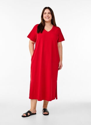 Midi T-shirt dress with a V-neck - Red - Sz. 40-64 - Zizzifashion Midi T-shirt dress with a V-neck - Red - Sz. 40-64 - Zizzifashion