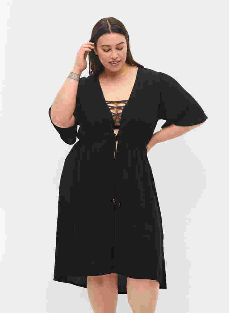Beach dress in viscose with adjustable waist, Black, Model