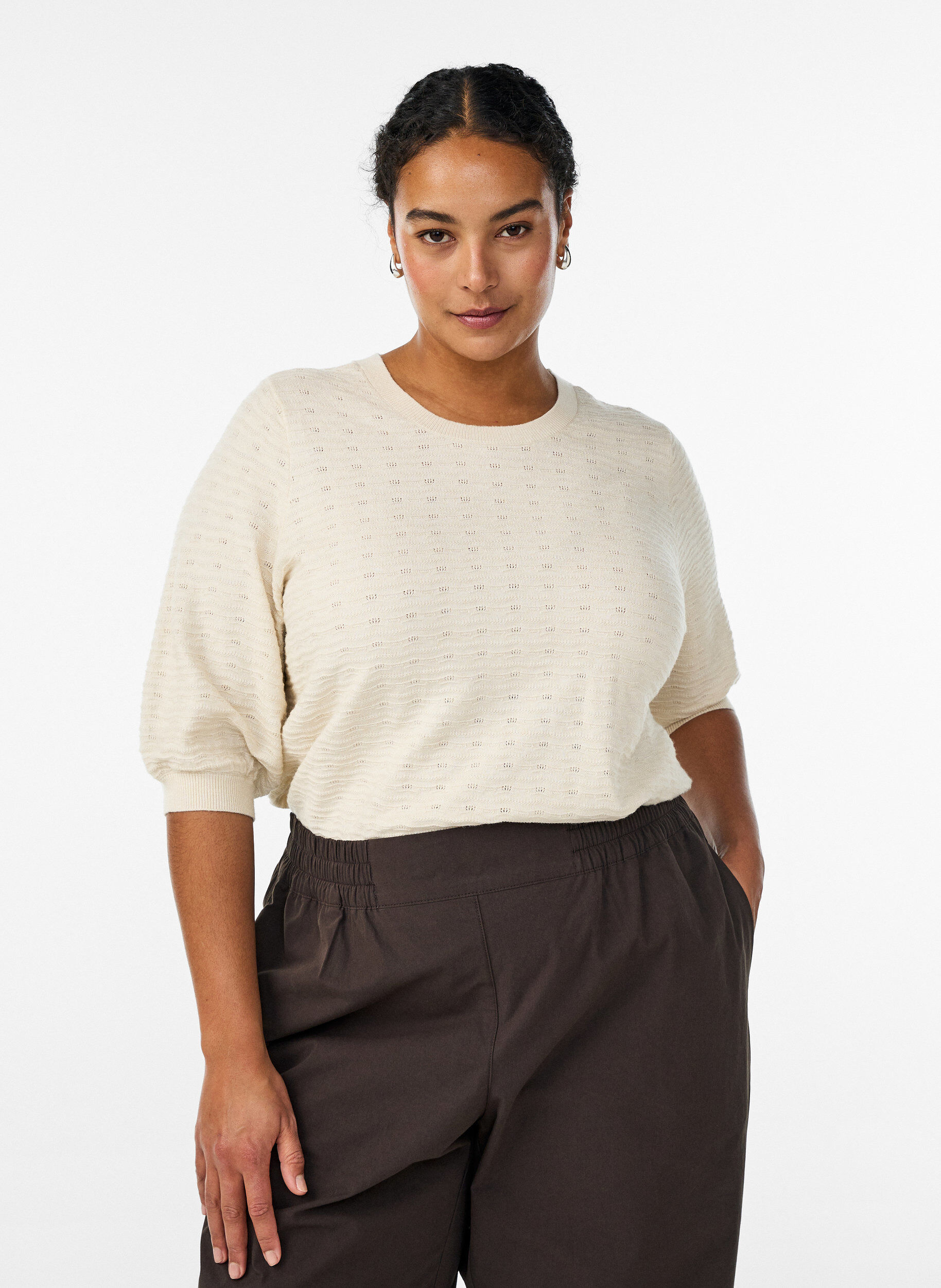 Zizzifashion Knitted blouse with textured pattern and short sleeves, Beige, Model image number 0