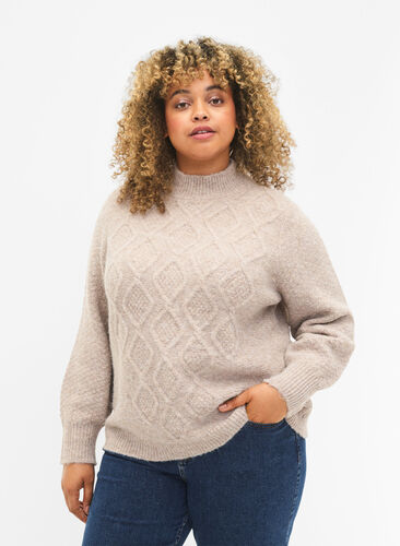 Patterned knit sweater with turtleneck, Simply Taupe Mel., Model image number 0