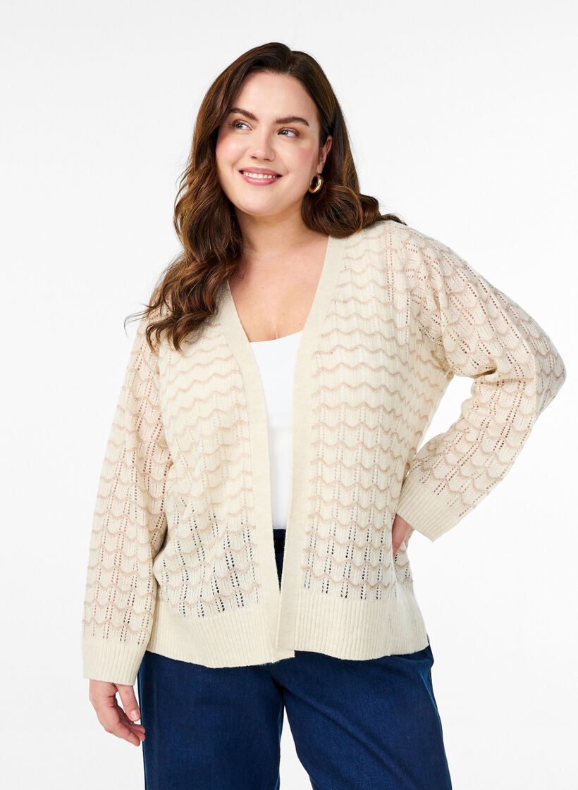Knitted cardigan with an openwork pattern and wavy lines, Birch w. Simply T., Model image number 0