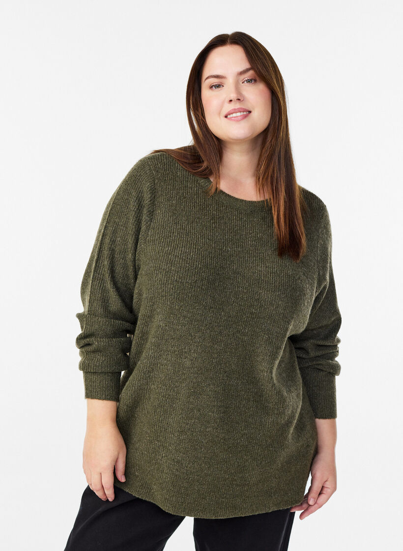 Melange knit blouse with round neck, Green, Model image number 0