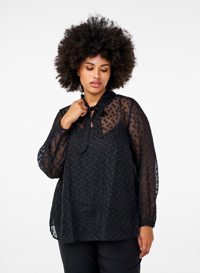 Chiffon blouse with a dotted texture, Black, Model image number 0