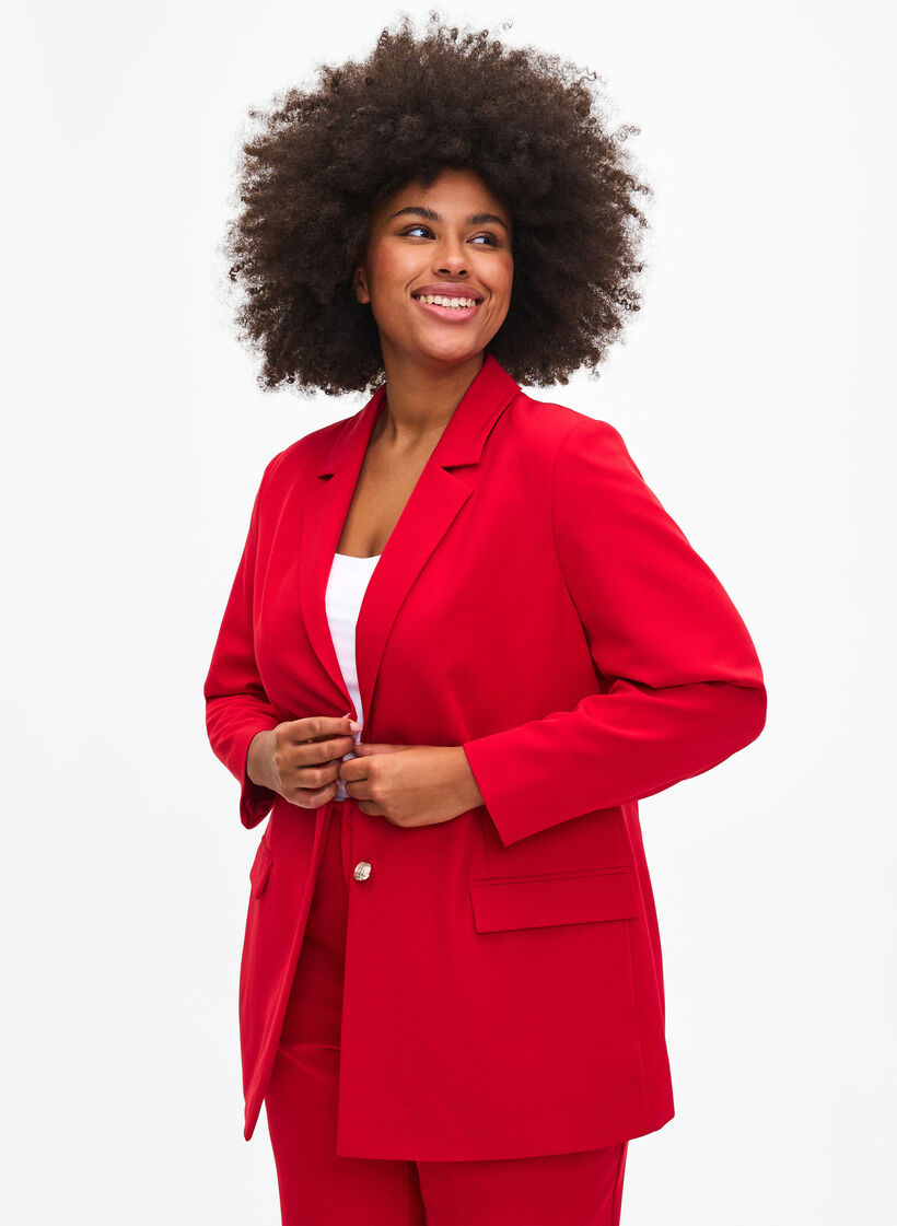 Suit jacket with gold buttons and pockets, Tango Red, Model image number 0
