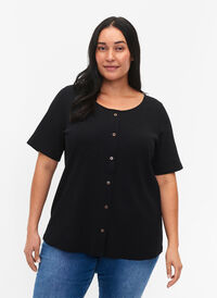 Short-sleeved ribbed t-shirt with buttons, Black, Model