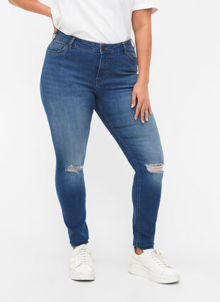 Super slim Sanna jeans with destroy, Blue denim, Model image number 2