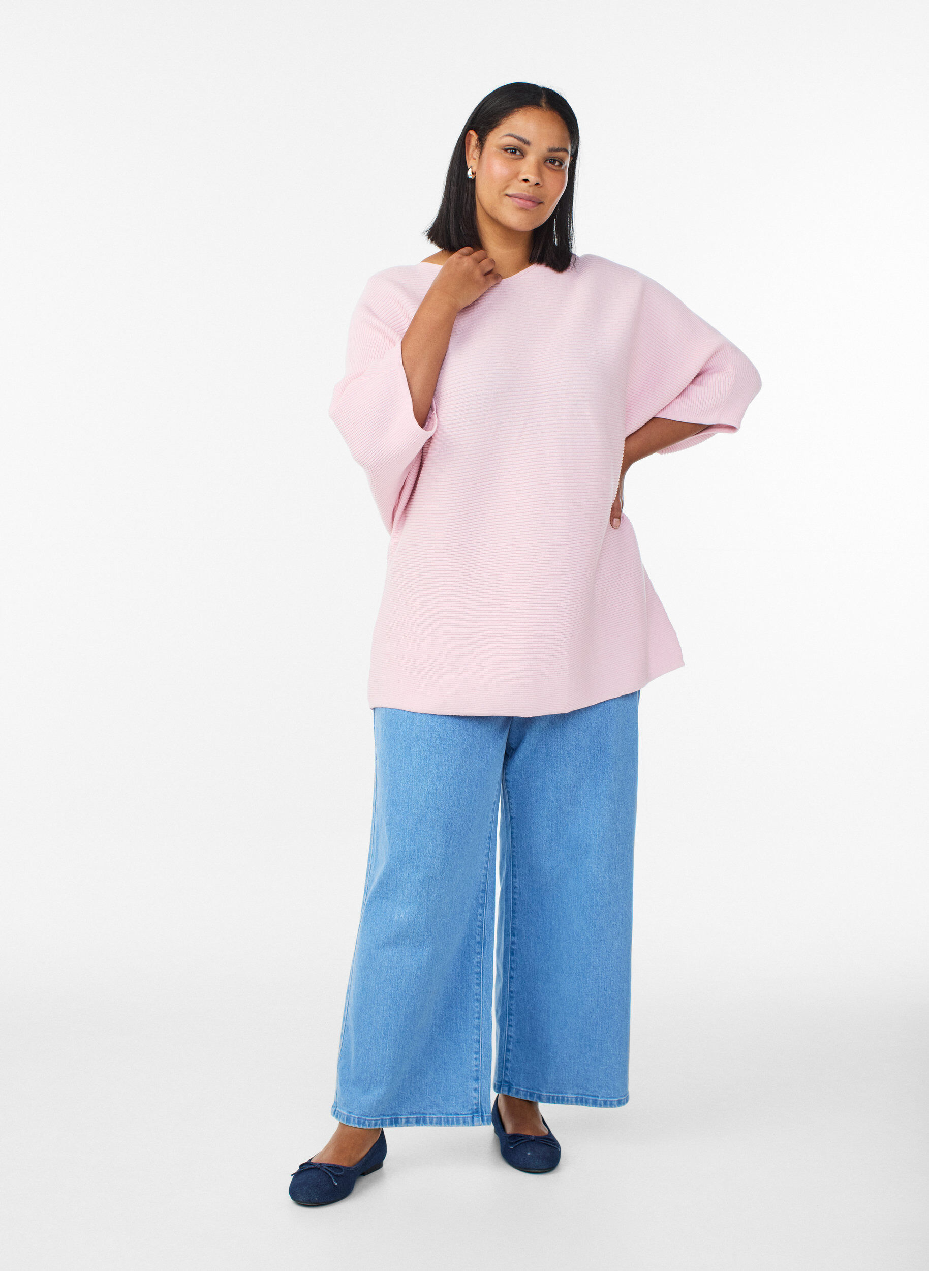 Zizzifashion Knitted top with a boat neck and 1/2 sleeves, Pink, Model image number 1