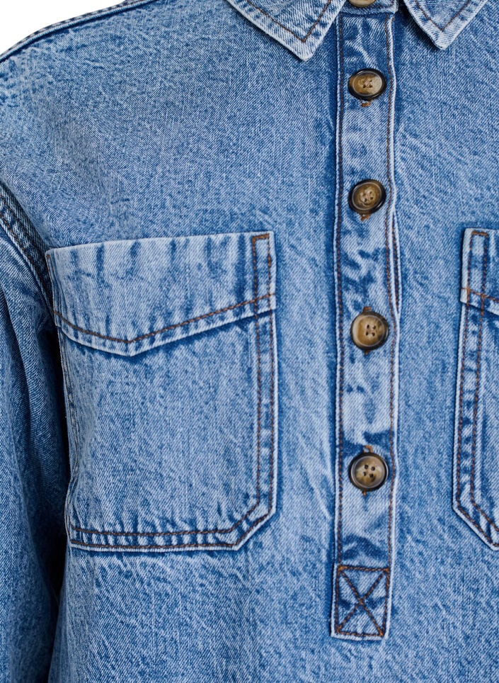 Denim shirt with half placket and chest pockets, Light Blue, Packshot