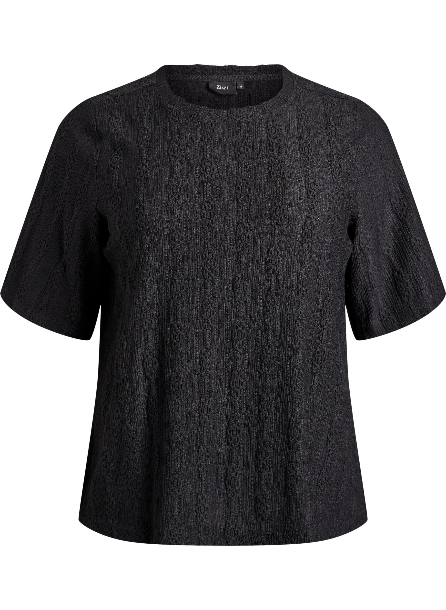 Zizzifashion Blouse with textured pattern and short sleeves, Black, Packshot image number 0