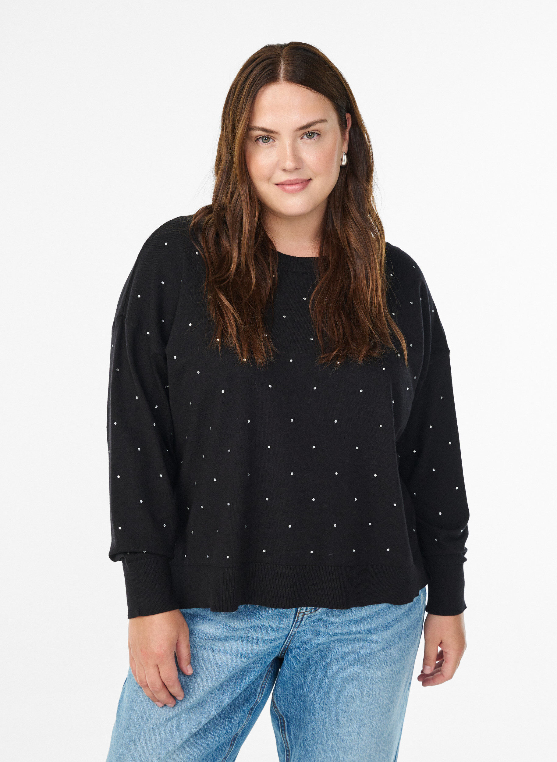 Loose knit blouse with rhinestones, Black, Model