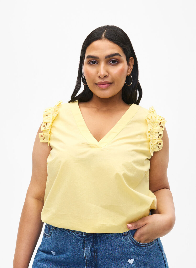 Sleeveless cotton top with ruffles, Yellow, Model image number 0