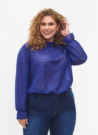 Long-sleeved blouse with patterned texture, Deep Ultramarine, Model