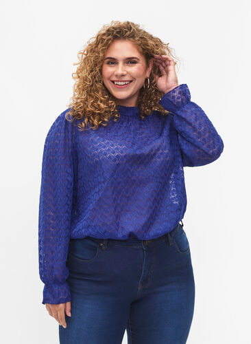 Long-sleeved blouse with patterned texture, Deep Ultramarine, Model image number 0