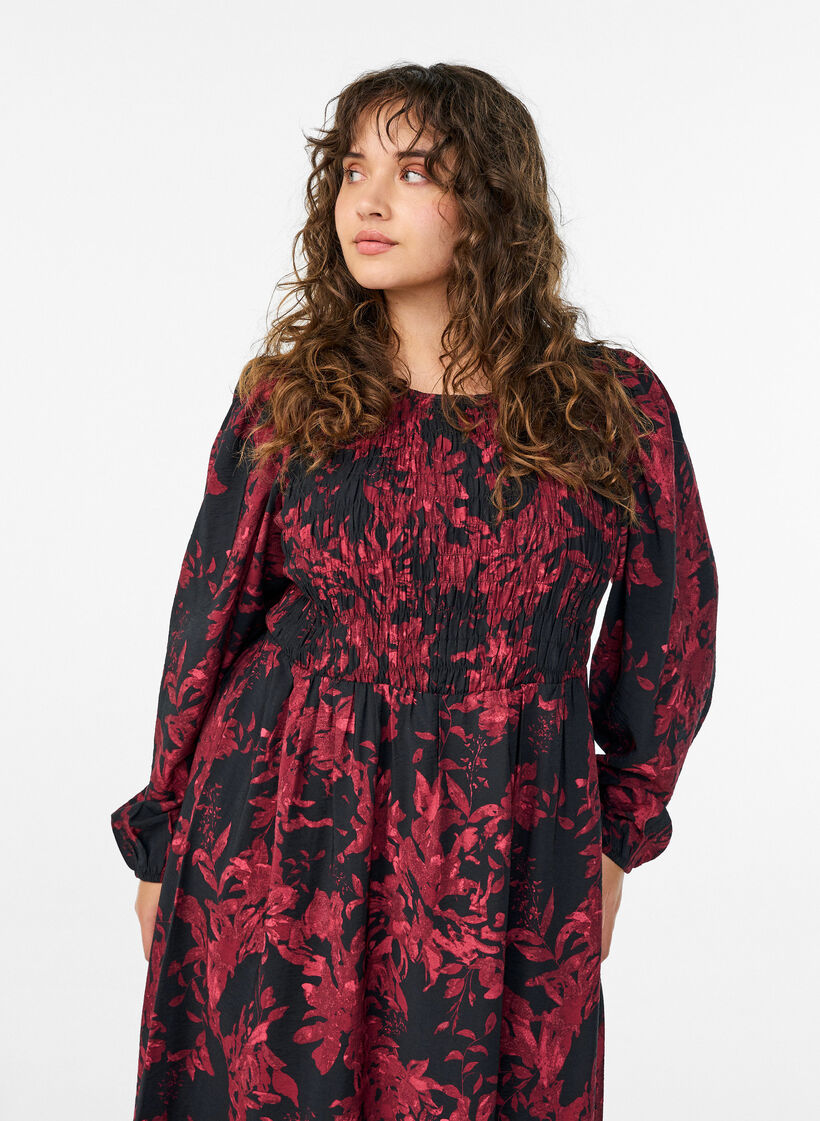 Floral dress with a smocked top, Black, Model image number 2