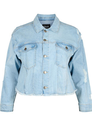 Short denim jacket with distressing details, Light Blue Denim, Packshot image number 0