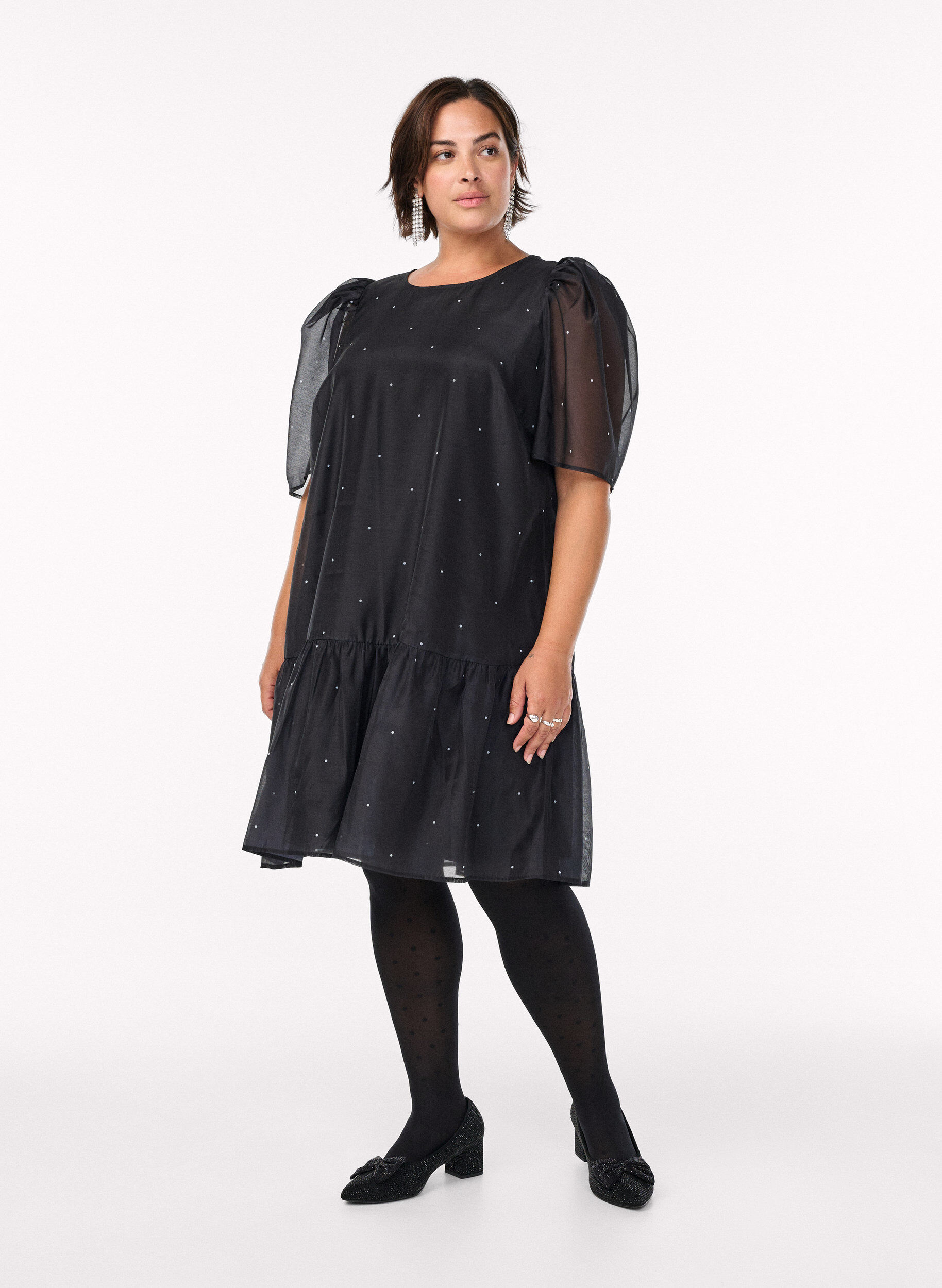Zizzifashion Knee-length party dress with sheer sleeves, Black, Model image number 1