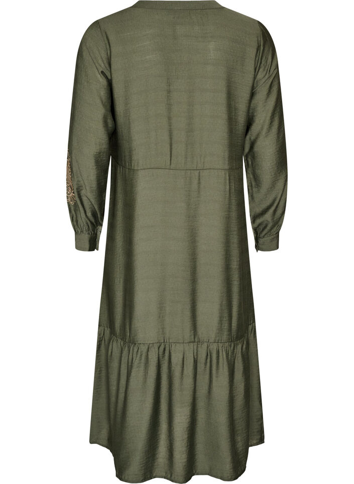 Viscose dress with embroidery and tiered ruffles, Green, Packshot image number 1