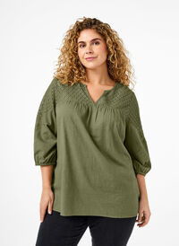 Blouse in a cotton mix with linen and crochet detail, Deep Lichen Green, Model