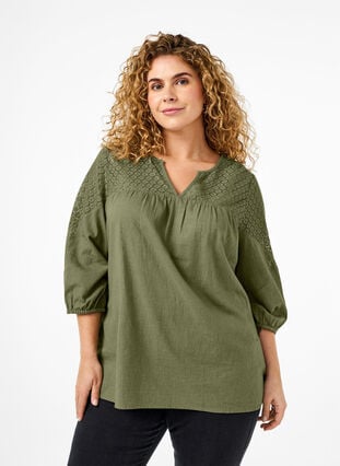 Blouse in a cotton mix with linen and crochet detail, Deep Lichen Green, Model image number 0