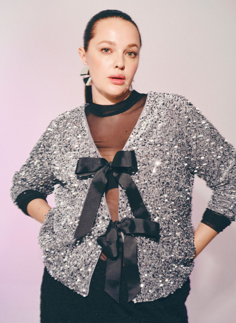 Sequin blouse with tie details, Silver, Image image number 0