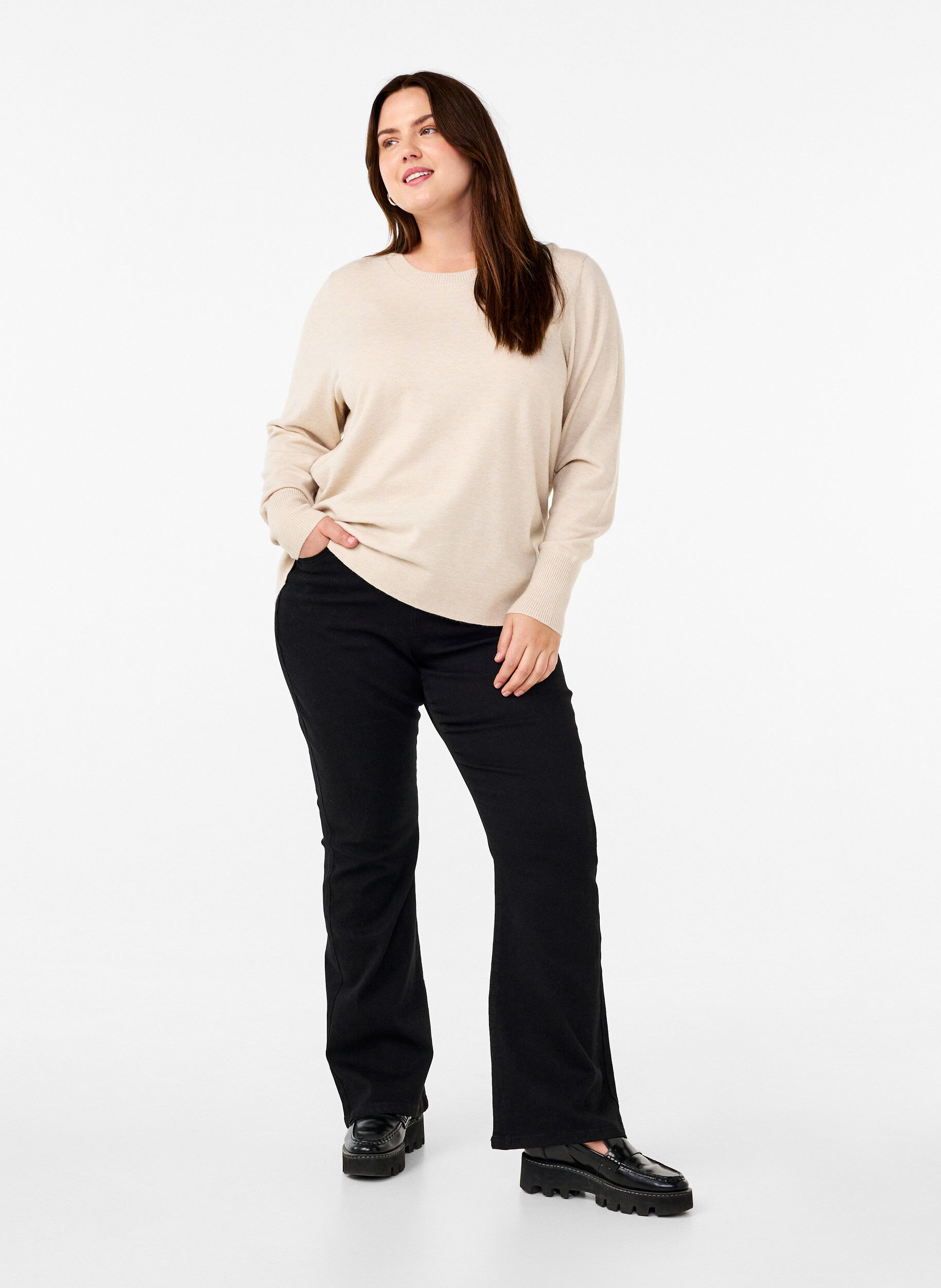 Zizzifashion FLASH - Knitted blouse with a round neck, Beige, Model image number 1