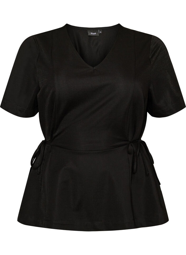 Blouse in a cotton blend with a V-neck and tie-string, Black, Packshot image number 0