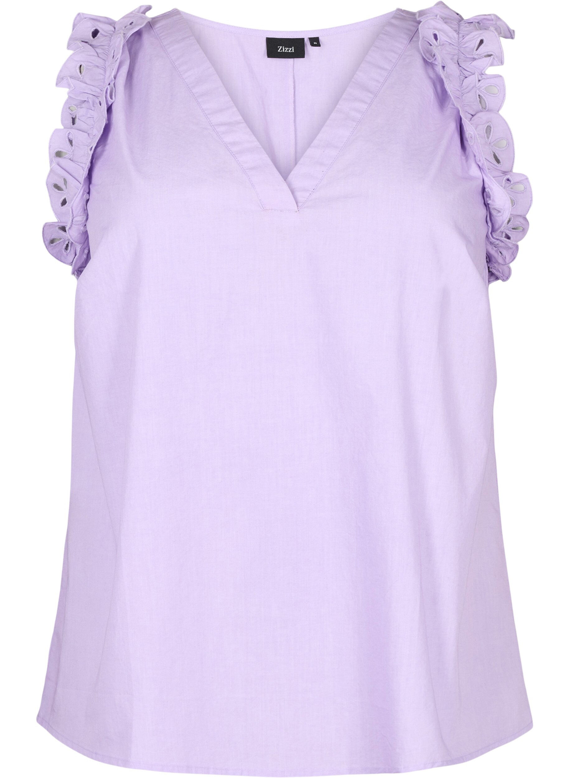 Zizzifashion Sleeveless cotton top with ruffles, Purple, Packshot image number 0