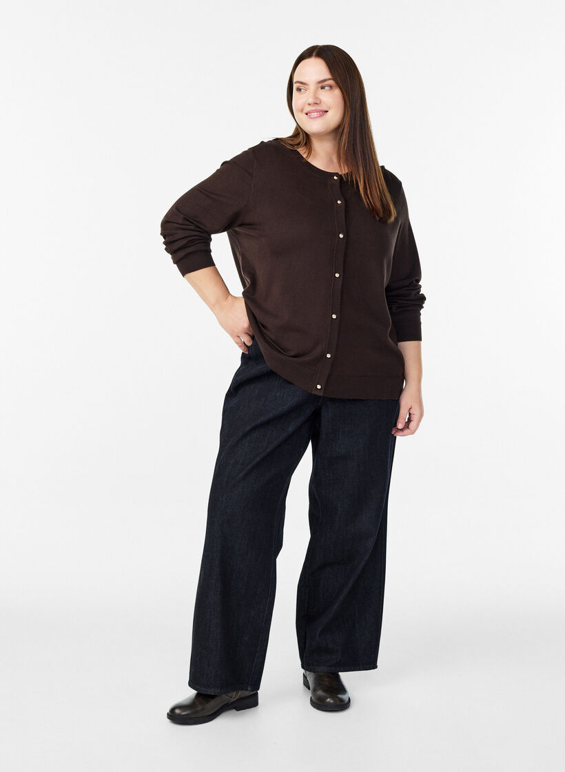 Fine-knit cardigan with ball buttons, Brown, Model image number 1