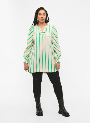 Striped tunic in cotton with smock and ruffles, Beige Green Stripe, Model image number 2