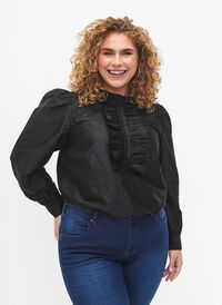 Shiny shirt blouse with ruffles, Black, Model