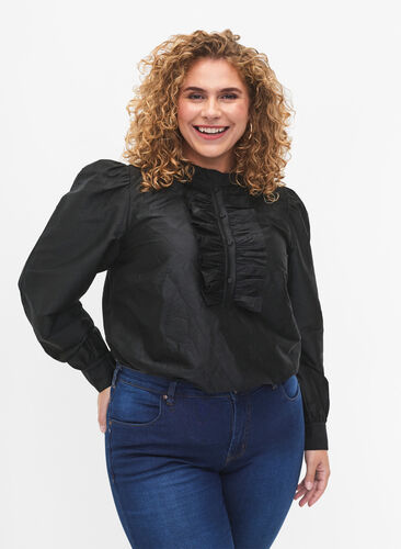 Shiny shirt blouse with ruffles, Black, Model image number 0