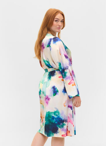 Long-sleeved dressing gown with belt, Watercolor AOP, Model image number 1