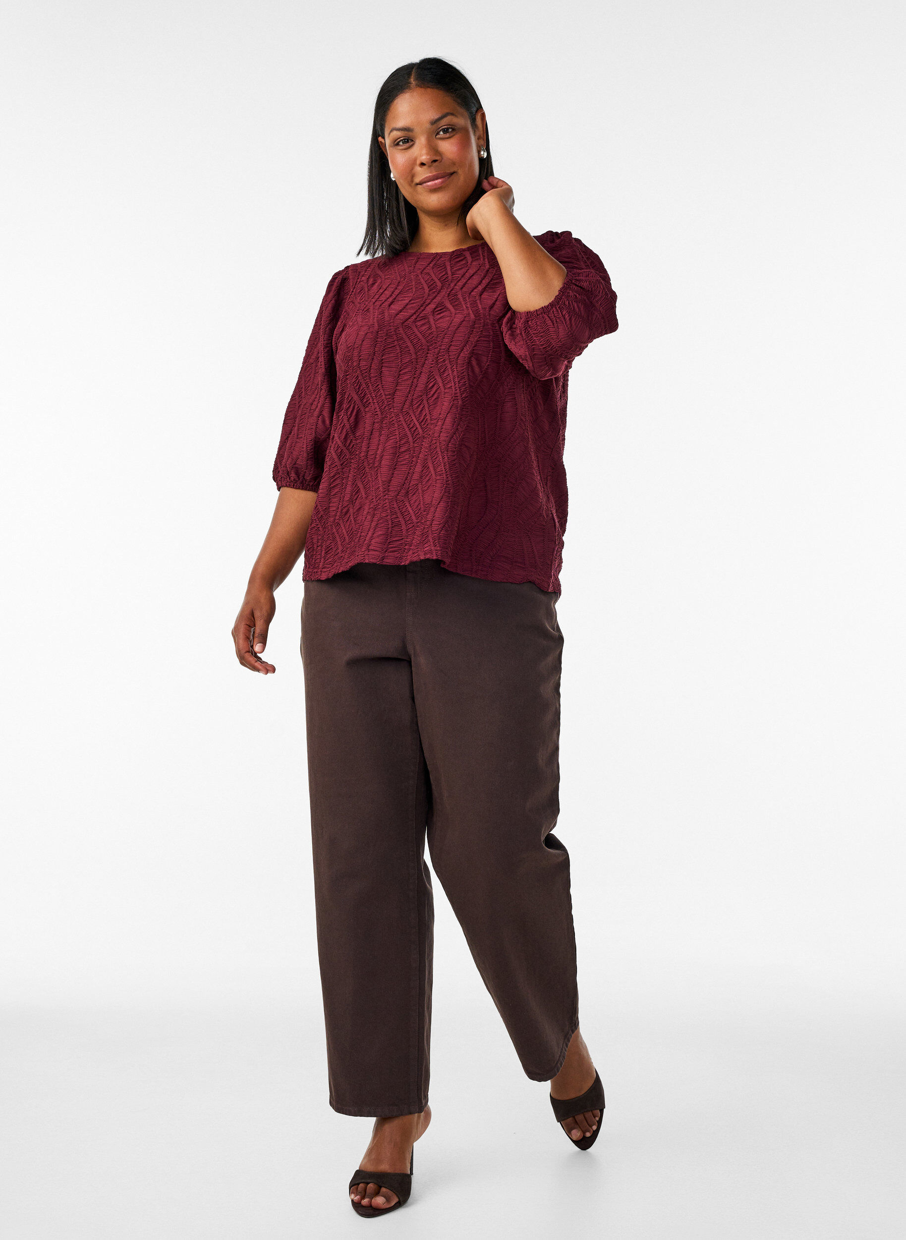 ZizzifashionBlouse with texture and 3/4 sleeves, Red, Model image number 1