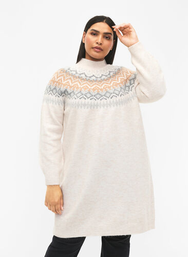Patterned knitted dress with long sleeves, Birch Mel. Comb, Model image number 0