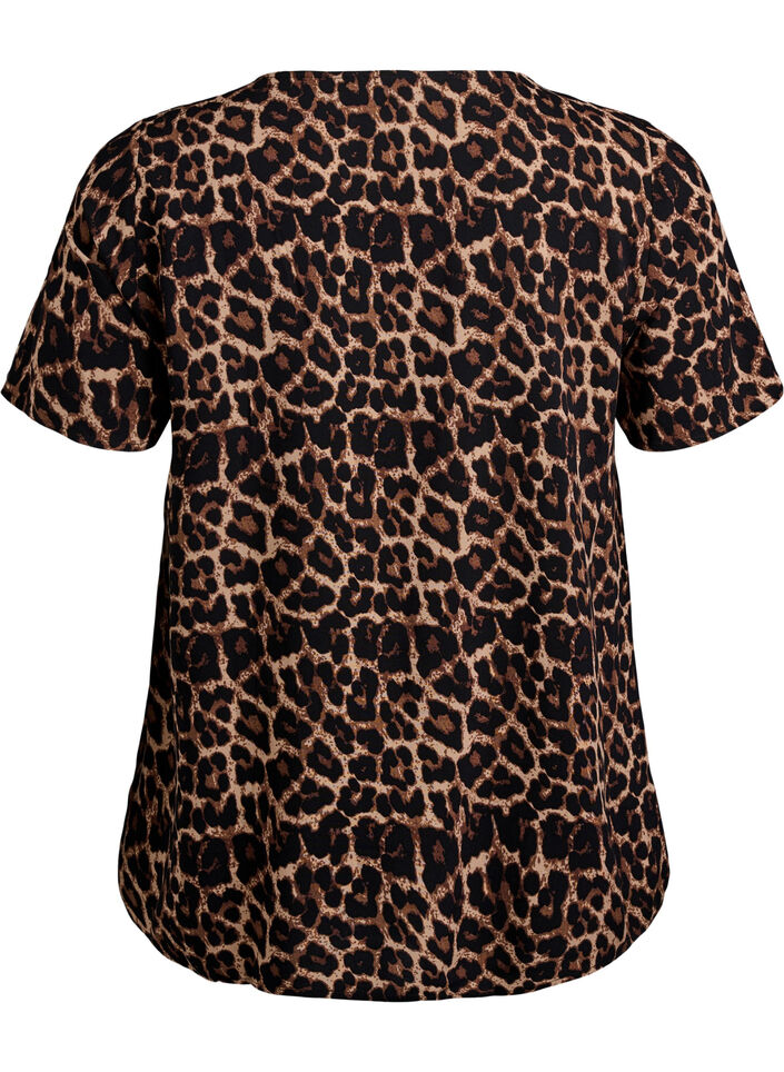 FLASH - Short sleeve viscose blouse with print, Brown, Packshot image number 1