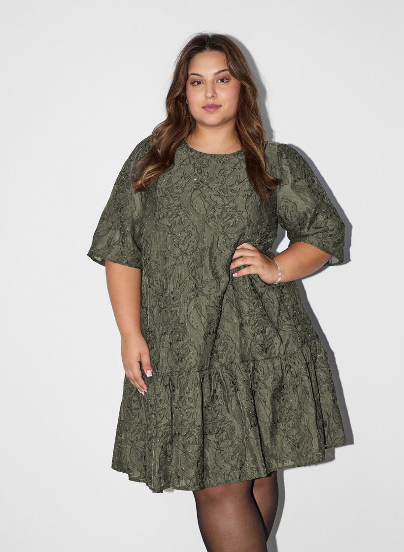 Jacquard dress with sparkly details and puff sleeves, Green, Model image number 0