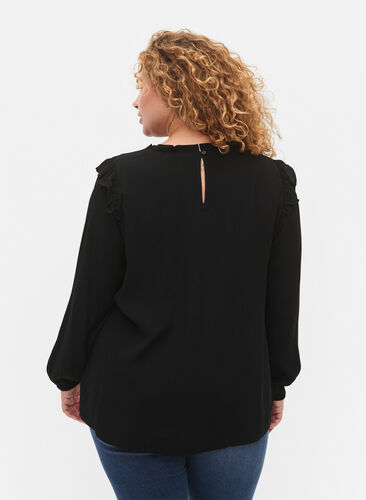 Viscose blouse with frills and lace, Black, Model image number 1