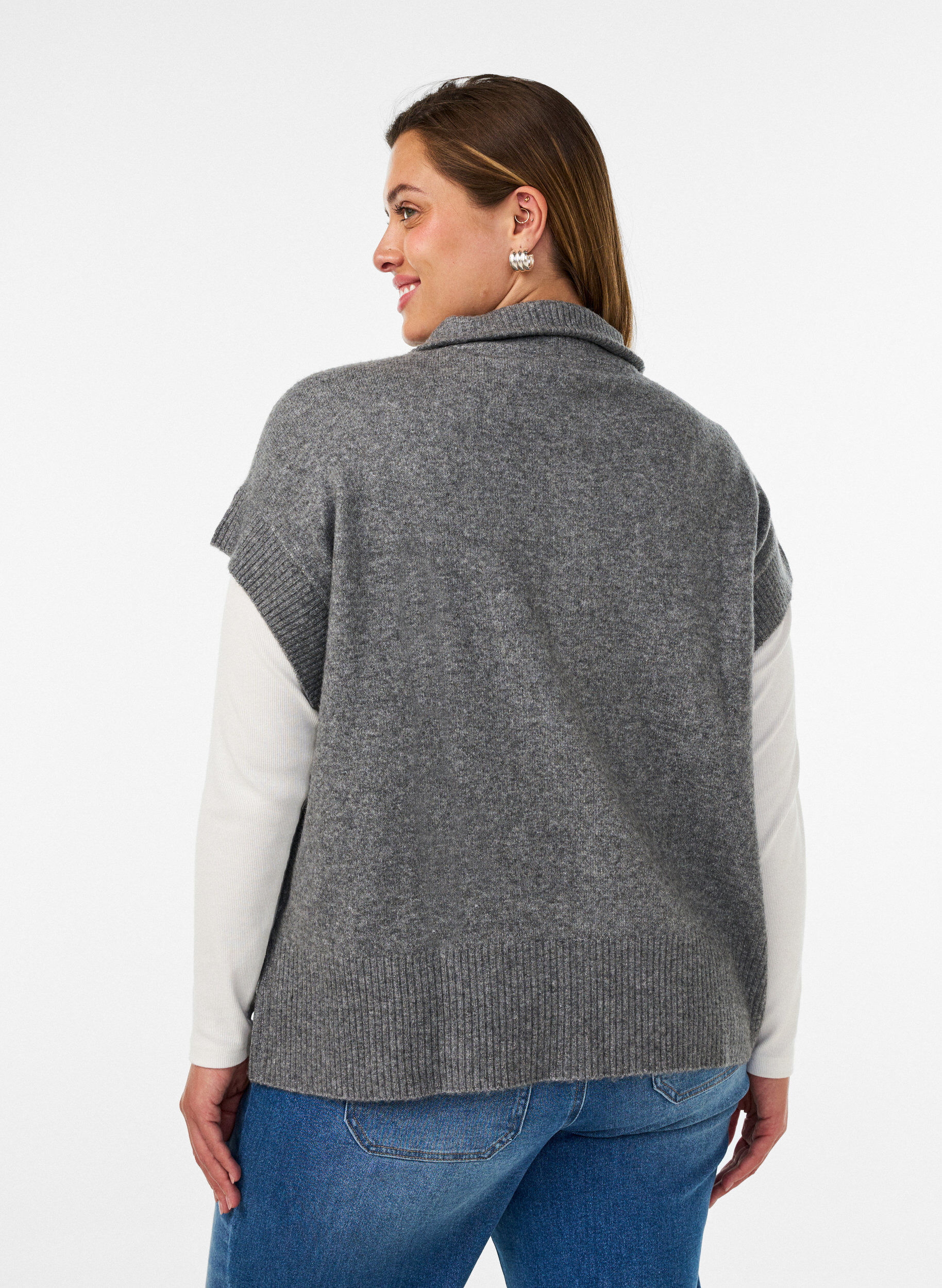 ZizzifashionKnitted vest with high collar and zip, Grey, Model image number 2