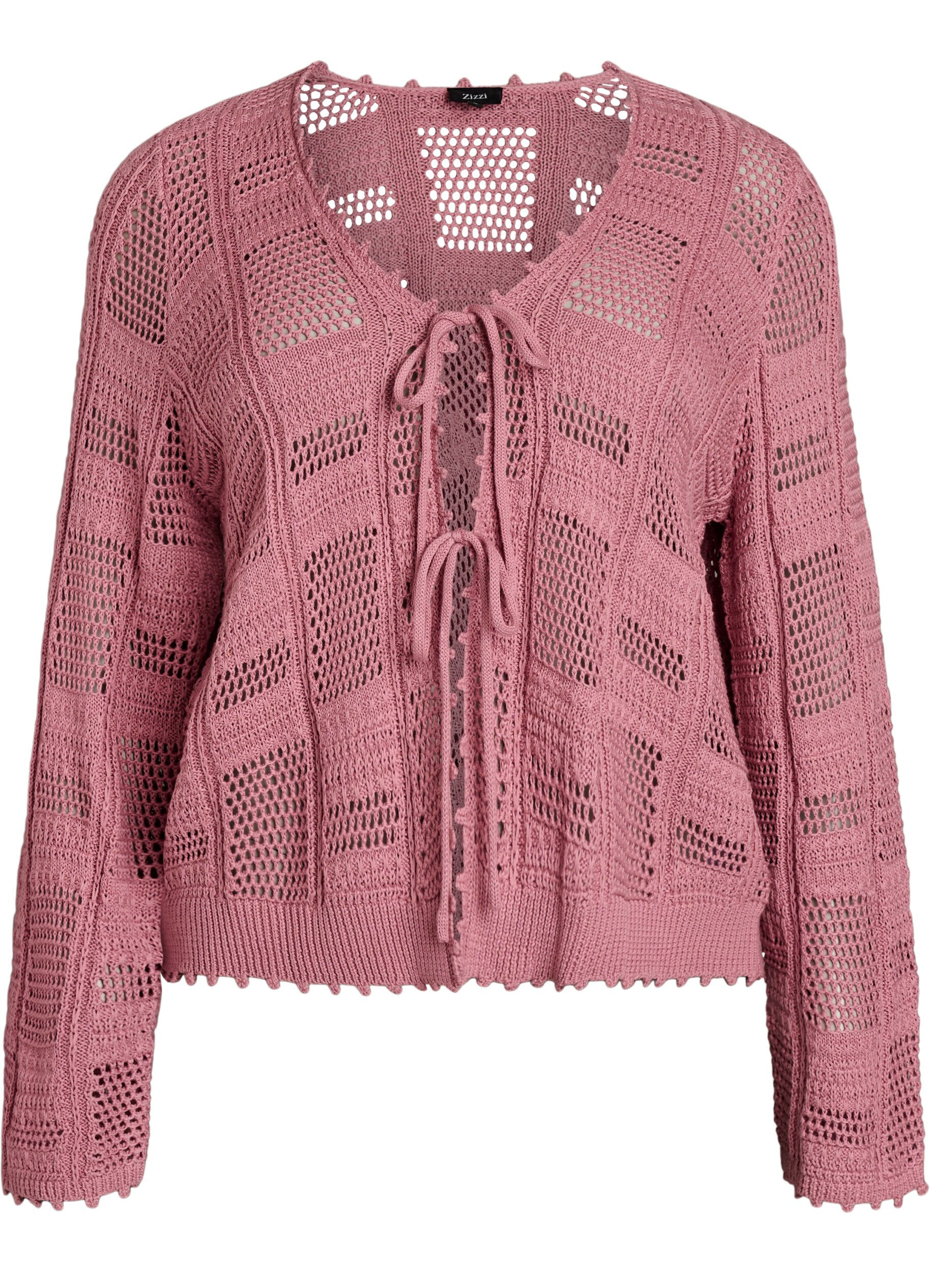 Zizzifashion Knitted cardigan with ties and an openwork pattern, Rose, Packshot image number 0
