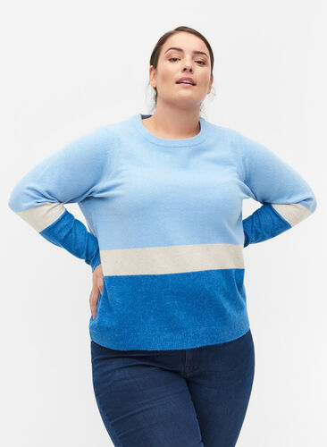 Striped knitted jumper with round neckline, Skydiver Comb, Model image number 0