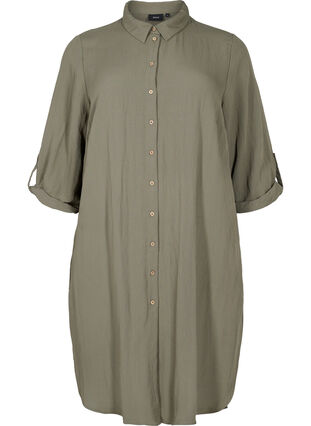 Long solid-coloured viscose shirt with 3/4 sleeves, Dusty Olive, Packshot image number 0
